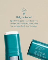 Colorescience sunscreen stick with text on a beige background