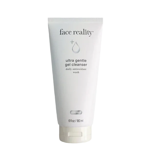 A tube of Face Reality Ultra Gentle Gel Cleanser against a neutral background.