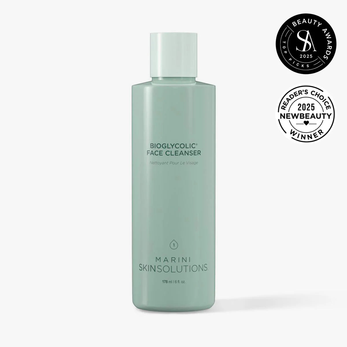 green bottle that says bioglycolic® Face Cleanser
