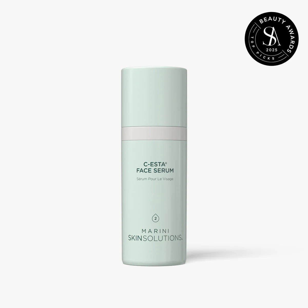 Light green face serum bottle with 'Marini Skinsolutions' branding on a white background.