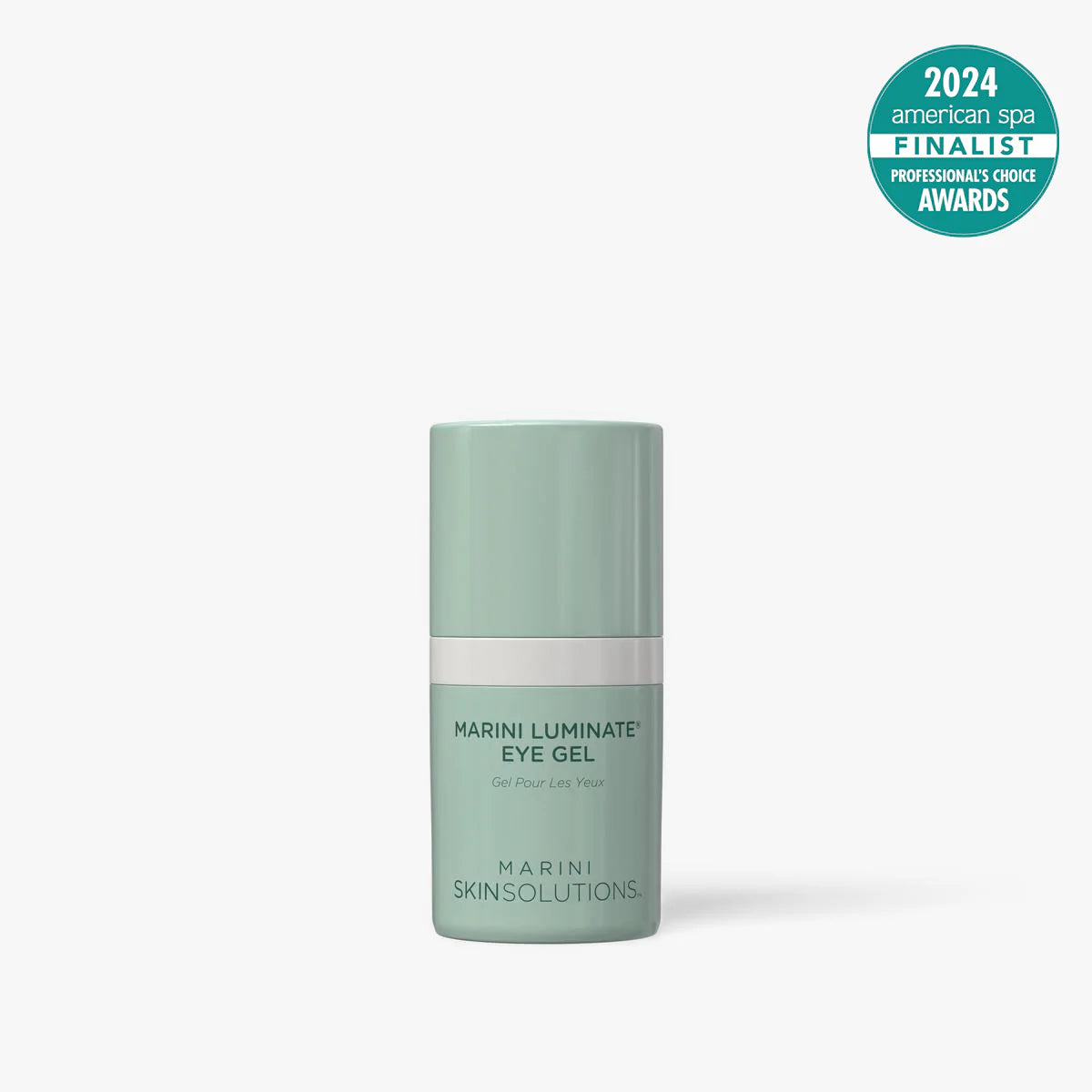 Green eye gel bottle with 'Marini Skinsolutions' branding on a white background, featuring an award badge.